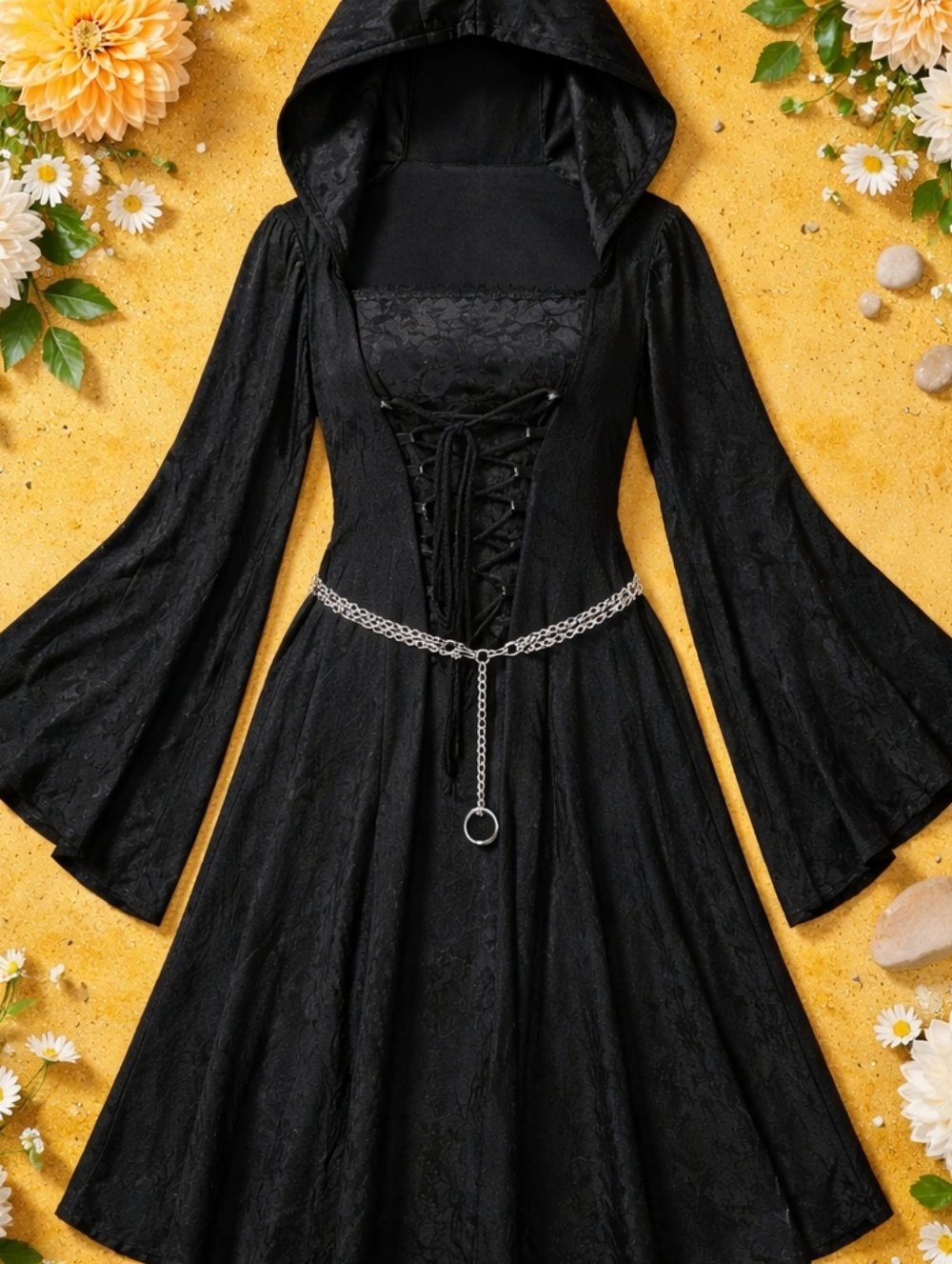 Black Velvet Gothic Lace-Up Maxi Dress with Sheer Bell Sleeves And Belt. - Picture 3 of 3